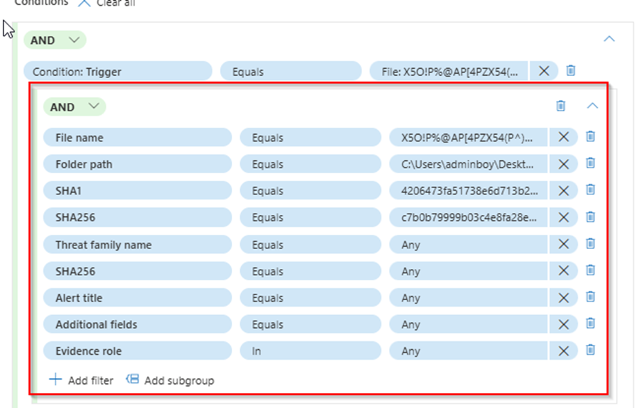 Screenshot of a security rule configuration interface showing grouped conditions.